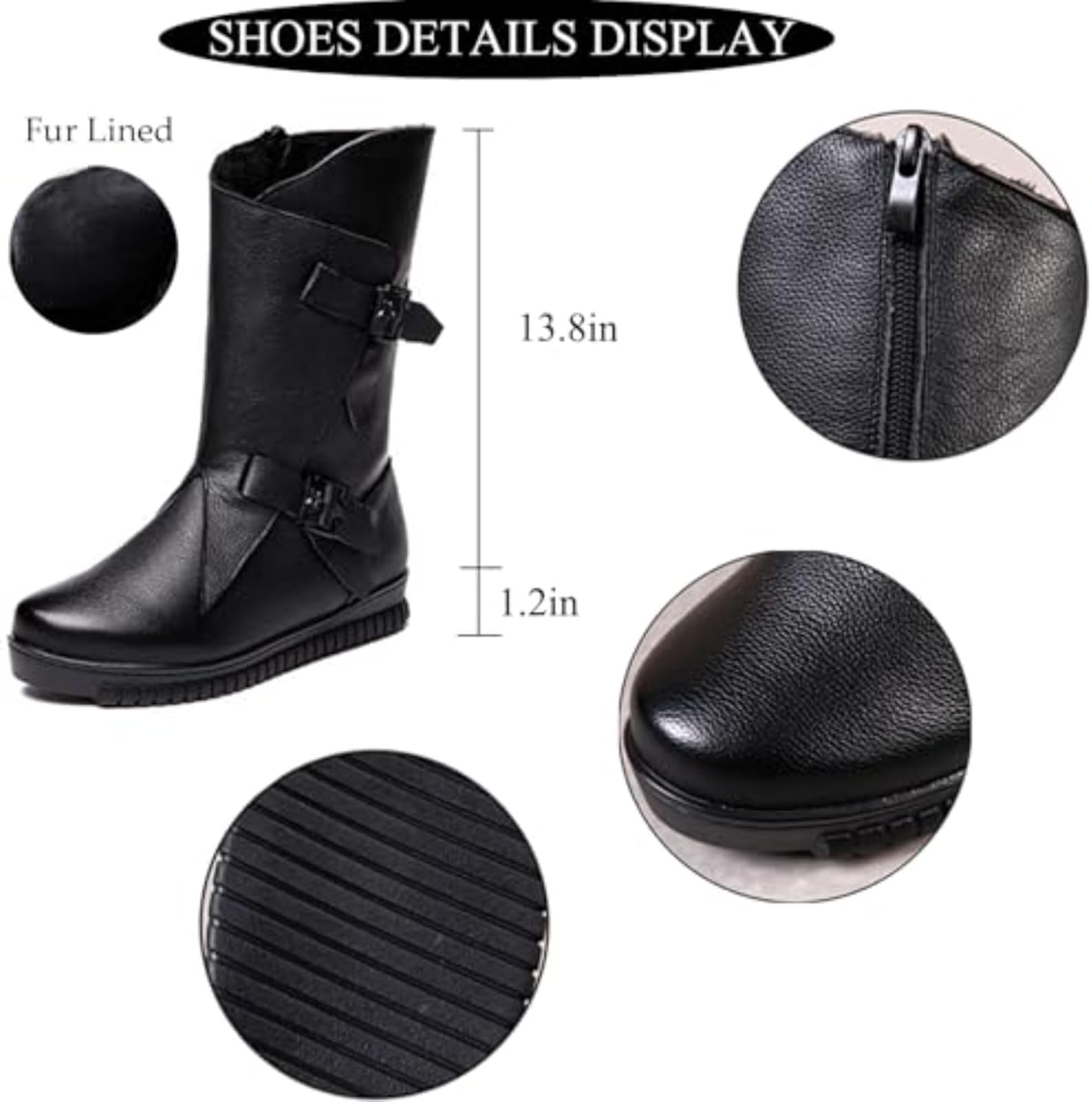 Women's Genuine Leather Side Zipper Flat Mid-Calf Boot Comfort Soft Sole Wide Round Toe Fur Lined Warm Winter Boots Fashion Double Belt Buckle Decoration Non-Slip Lug Flat Boots - Image 6