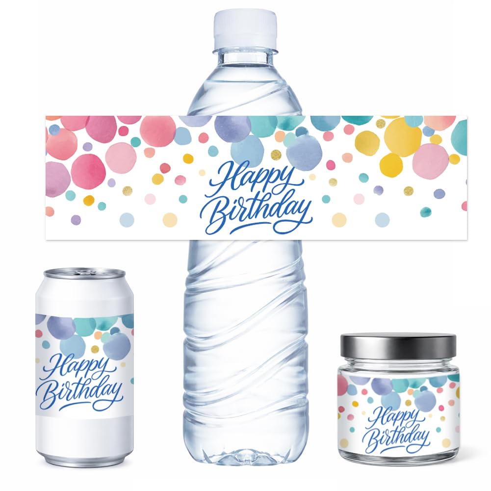 PH PandaHall 100pcs Happy Birthday Water Bottle Labels, Polka Dots Bottle Stickers Decorative Waterproof Bottles Wraps Wraparound Labels for Birthday Party Favors Event Water Label