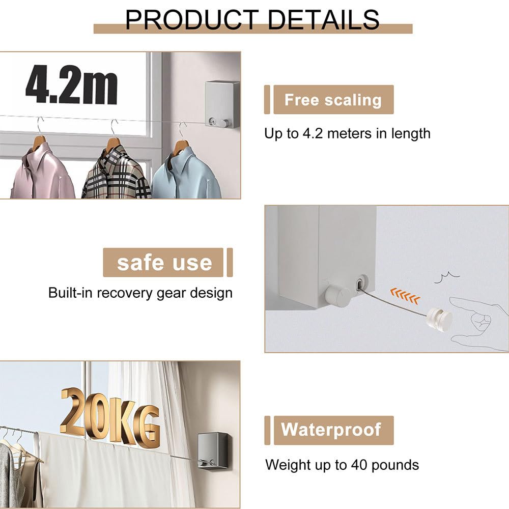 Tendedero Retráctil De Pared GAESHOW - Cuerda Extensible De 4.8m, Para Interior Y Exterior, Blanco