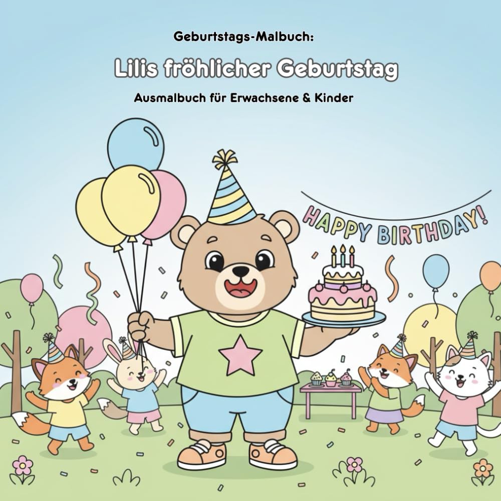 Lilis Fröhlicher Geburtstag: Malbuch & Geschichte: Für Erwachsene & Kinder: 36 Ausmalbilder im Format 21.59 x 21.59 cm - Große Motive für kleine Künstler und eine fröhliche Geburtstagsgeschichte.
