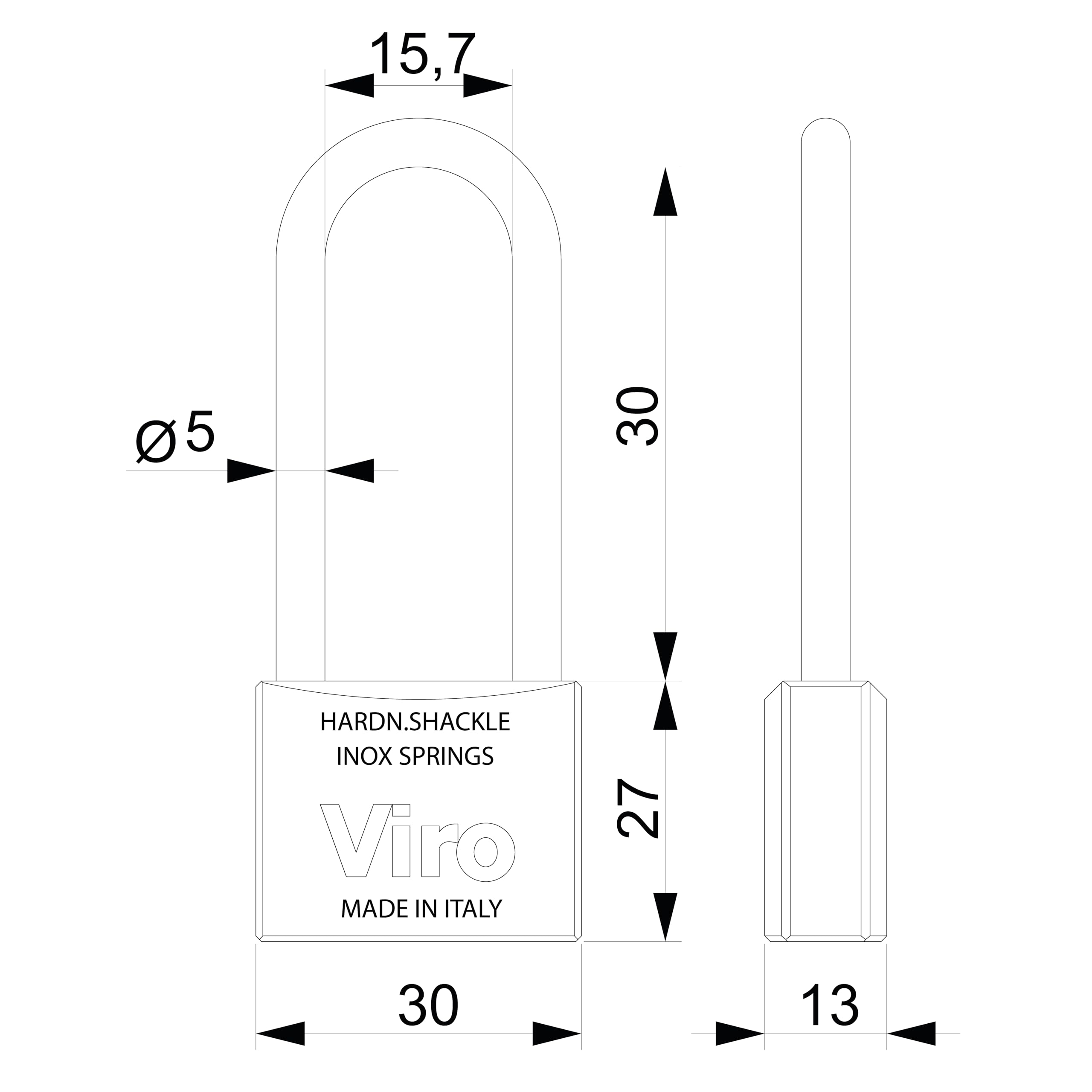 Viro | Lucchetto Rettangolare Antiscasso in Ottone Massiccio Satinato, Base 30mm, Arco 30mm in Acciaio Cementato, Resistente