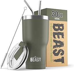 Greens Steel Beast Tumbler – 900 ml (30 oz), Armeegrün | Wiederverwendbarer Edelstahl, vakuumisolierter Becher | mit 2 Strohhalmen & Reinigungsbürste | Doppelwandiger Reise-Thermobecher