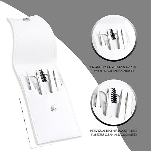 Miniatura 6 de LANKIZ Juego de 6 pinzas para cejas con estuche de viaje, pinzas profesionales de acero inoxidable para mujeres y hombres, gran precisión para