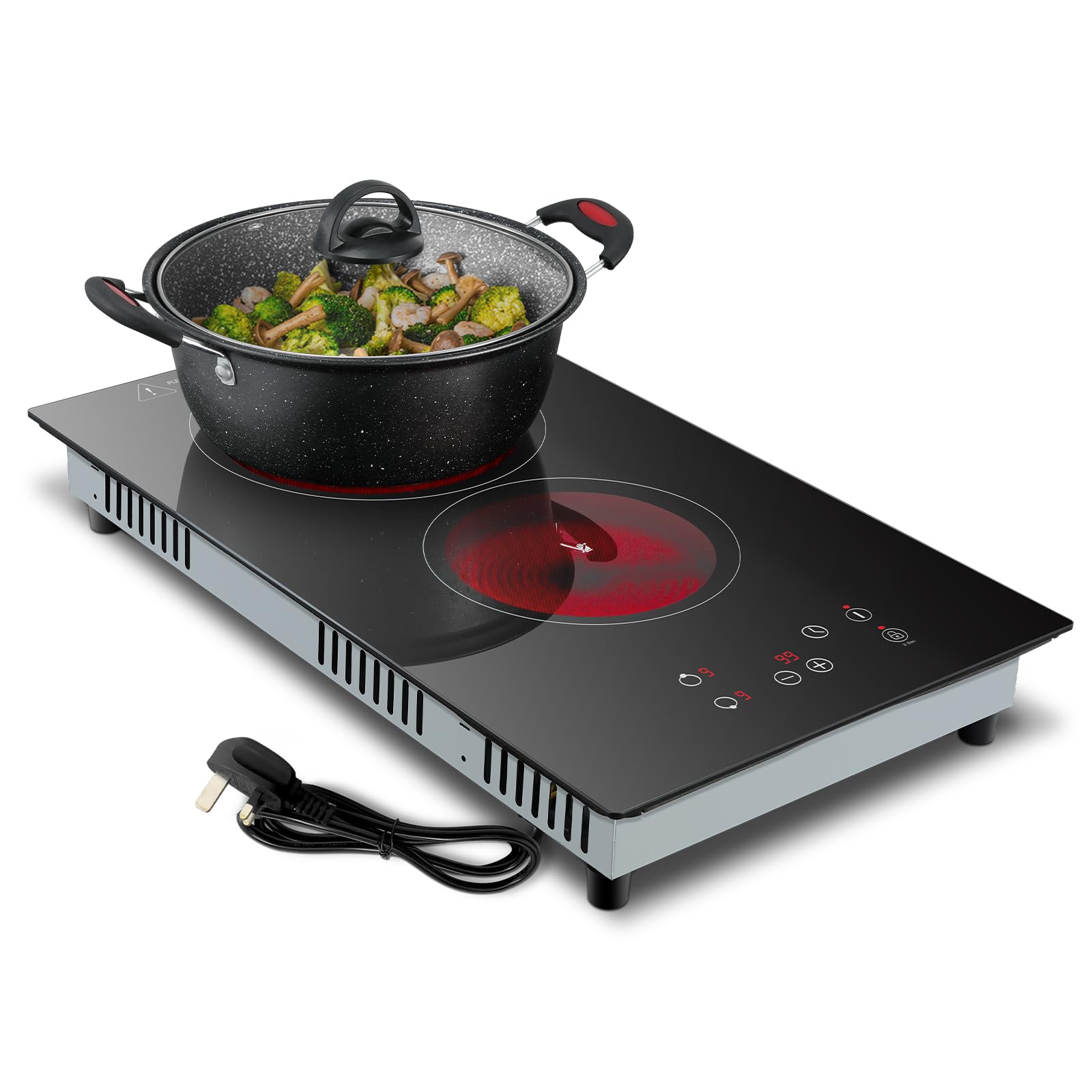 Ceramic Hob 2 Zones, Electric Plug in Hob 30cm 2 Burners, 2800W, 9 Power Levels, 1-99 min Timer, Residual Heat Indicator, Child Safety Lock, compatible with All Pans & Pots