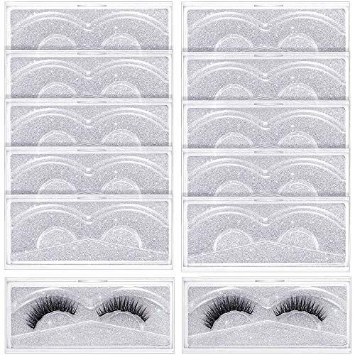 12 Pieces Empty Eyelash Case Glitter Paper Plastic Eyelash Packaging Box False Eyelash Storage Box with Clear Tray for Eyelash Care, Eye Makeup Tool for Women Girls (Silver)