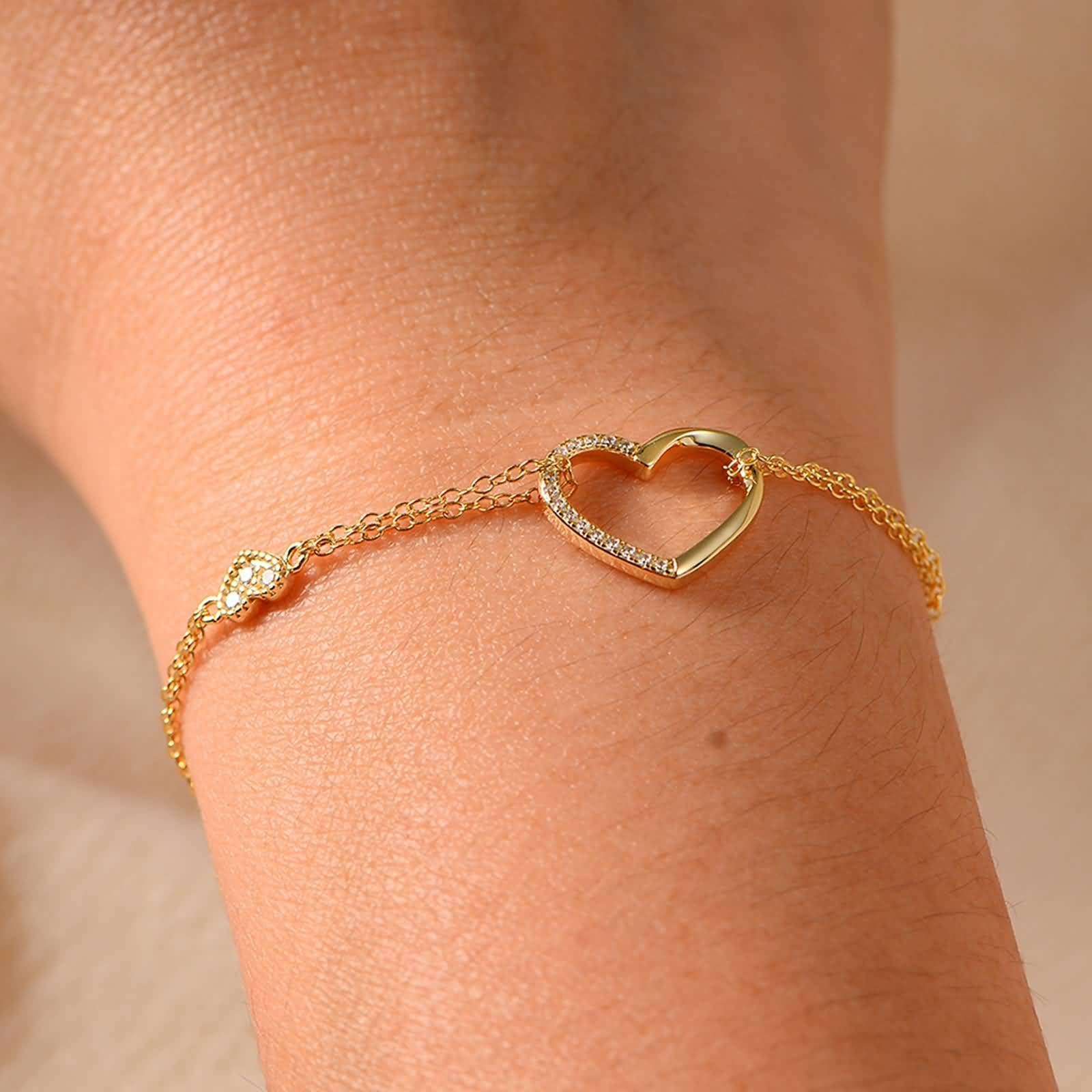 Pulseras de Mujer Oro Blanco 9 K / 14 K / 18 K, Cadena con Corazón Hueco y Moissanita, Cadena Extensible 16 CM + 5 CM, Pulsera de Plata Mujer