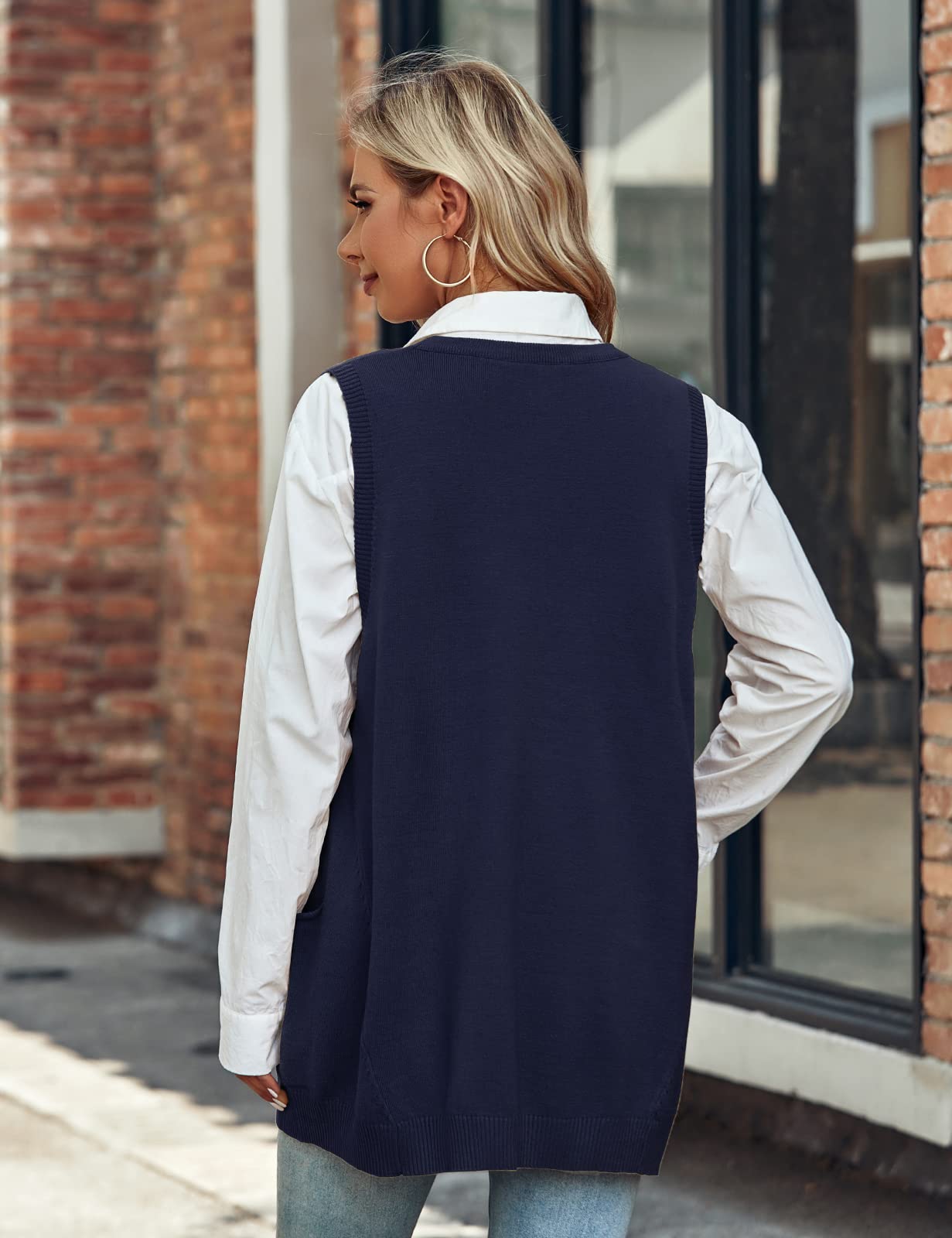 Niwicee Maglione Gilet Donna Scollo a V Pullover Maglione Senza Maniche,Autunnale Invernale Maglioni Oversize Tinta Unita mit Taschino,Cotone Top Smanicato Gilet in Maglia Elegante