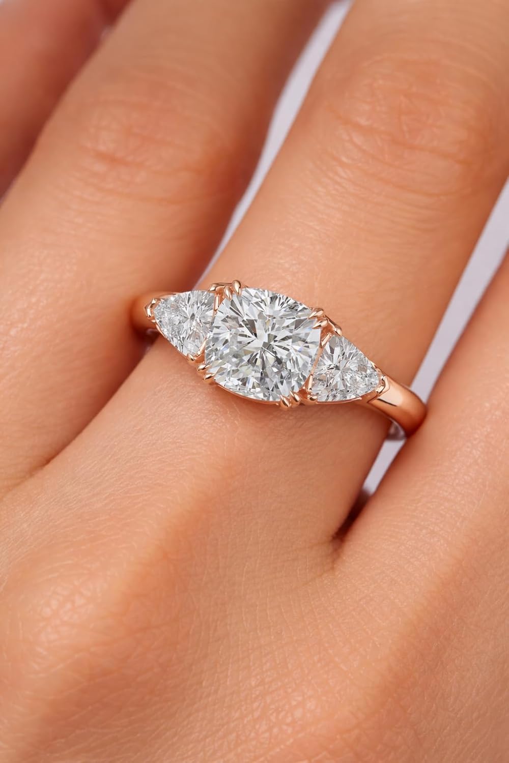 Rose Gold Cushion Cut Three Stone Engagement Ring for Women – Trillion Side Stones, Elegant Prong Setting, Promise Ring Gift