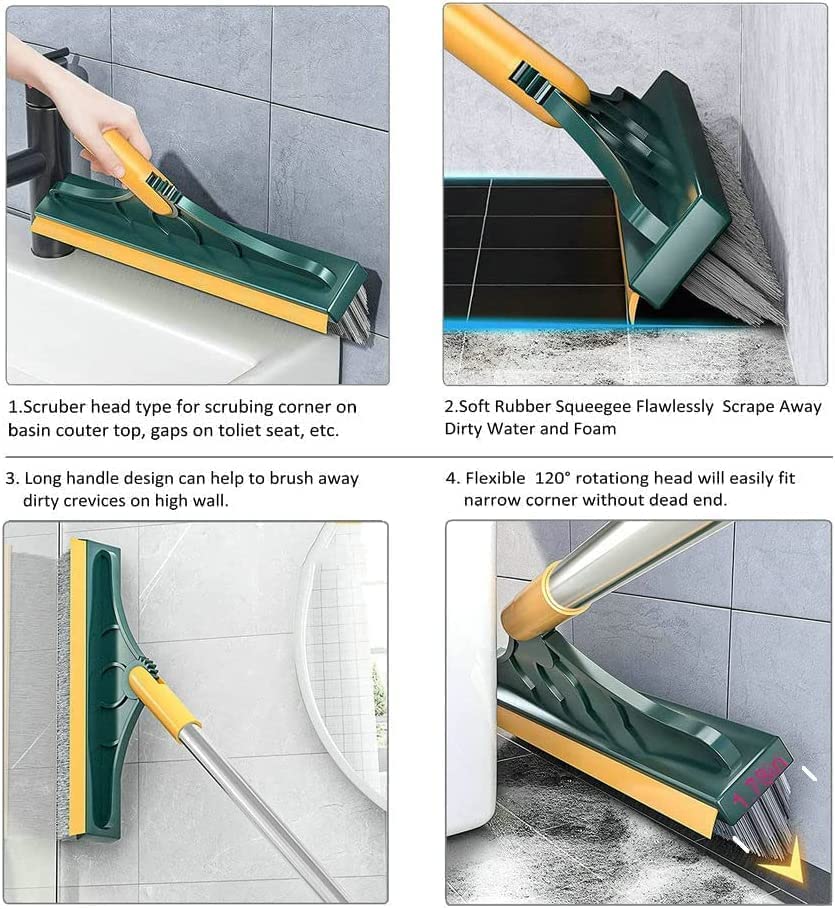 Blue Azure 2 in 1 Scrub Tiles Cleaning Brush with Wiper for Bathroom Floor Scrubber with Long Handle Soft Scraper Rotating Brushes Scrapper Wiper for Home Office Kitchen Cleaning Supplies(1pcs) 1