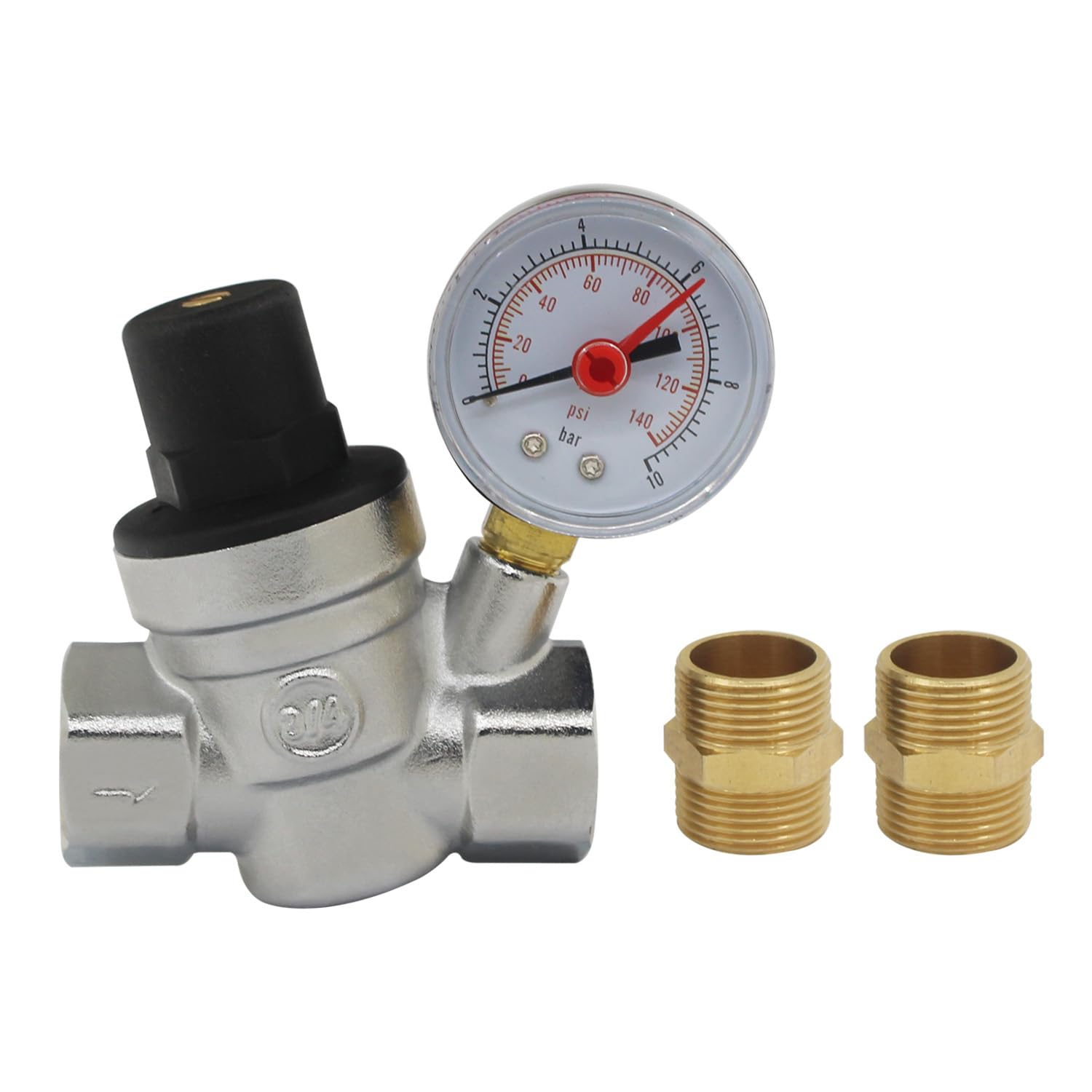 DN15 DN20 Water Pressure Reducer Valve Chrome Valve Water Pressure Regulator with Water Pressure Gauge 1/2 3/4 Inch Indicator (DN15 With Connector)