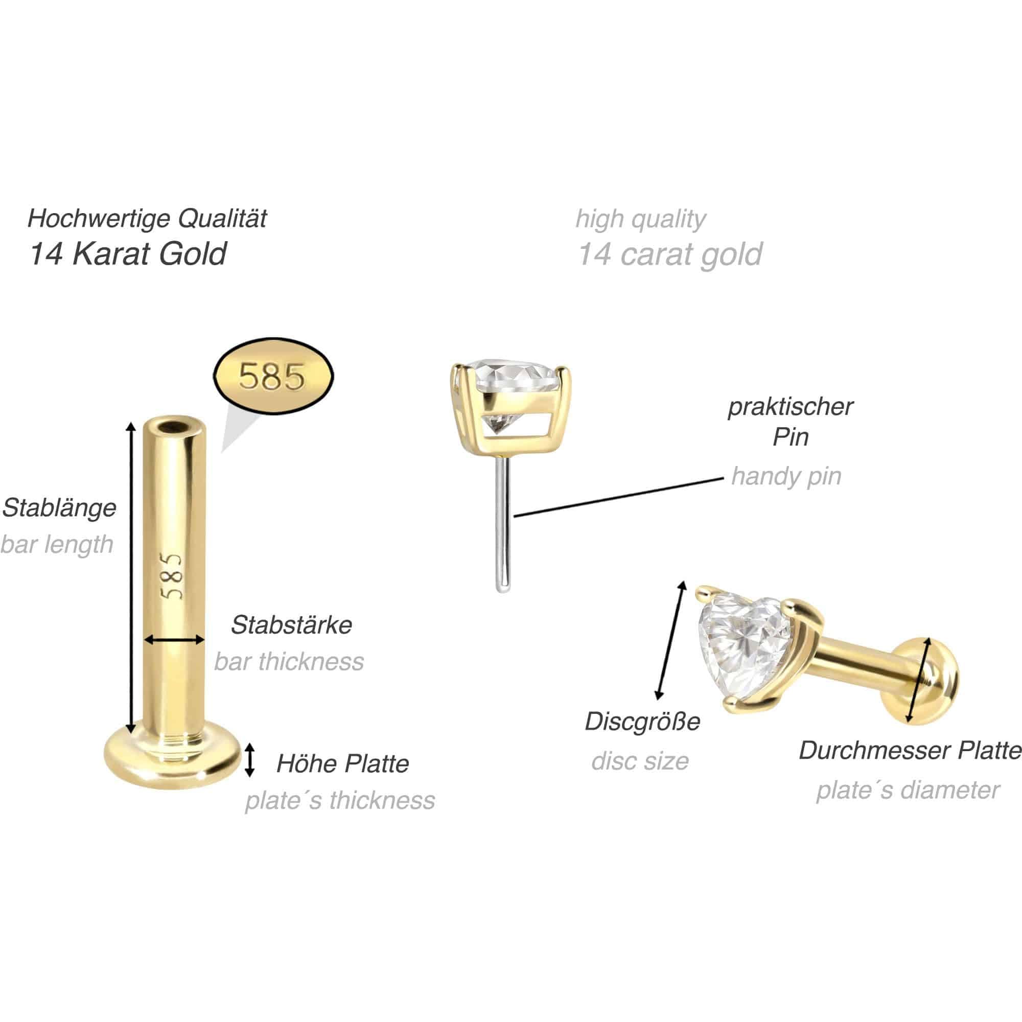 PIERCINGLINE Piercing Stecker 14 Gold Labret mit Push Fit MOISSANIT-HERZ 585er Gold - Roségoldfarben, Goldfarben, Silberfarben