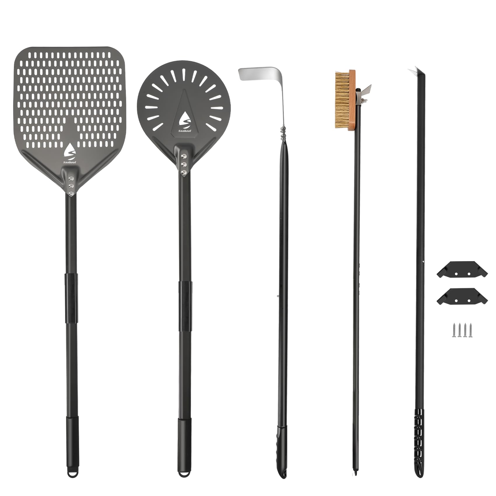 5-Piece Pizza Oven Kit, 9 Inch Turning Peel & 12 Inch Perforated Pizza Peel with 40 Inch Aluminum Handle, Pizza Oven Brush, Ash Rake, Pizza Fork for Home & Commercial Use