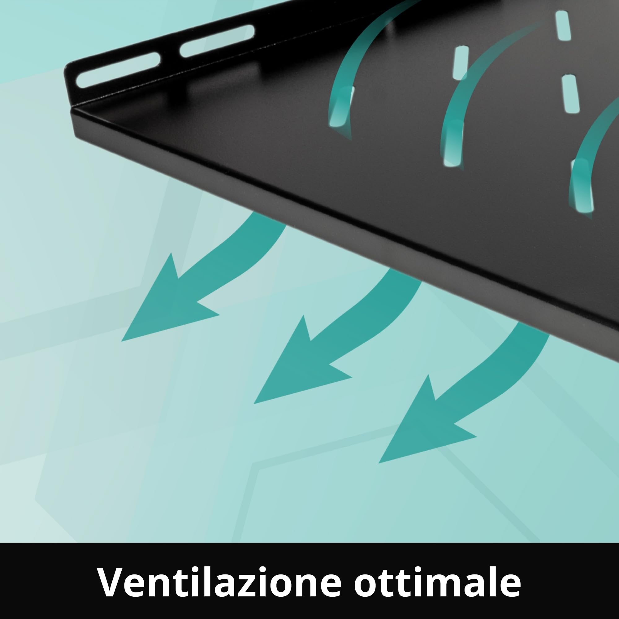 Mensola per Armadio Rack 19" 1U Ventilata, Acciaio Verniciato Polvere, Portata 45Kg, profondità 700mm, Fissaggio 4 Punti per armadi di Rete 19" con profondità di 1000mm, Colore Nero