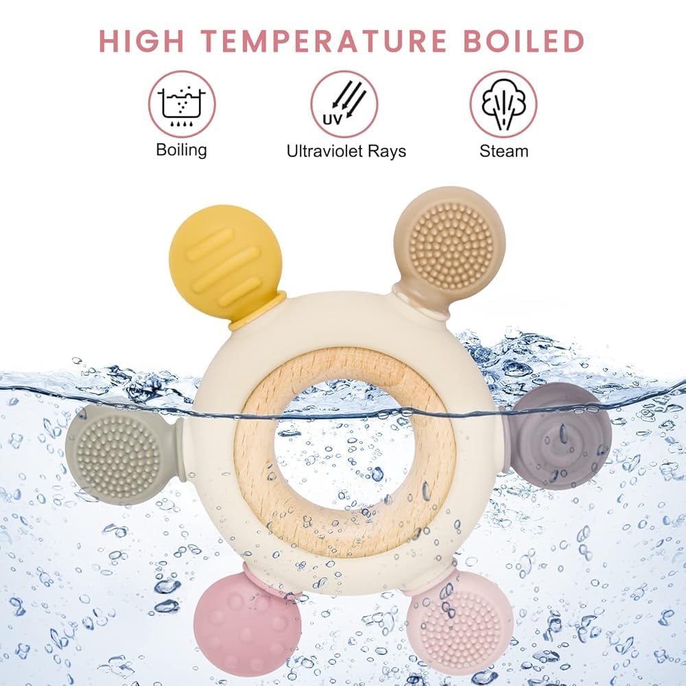 KESI Ornaments Wooden and Silicone Teething Rings for Babies 3+ Months, BPA Free Rudder Teether with Chewable Silicone - Natural Relief for Teething Pain. Perfect for 6-12 Month Baby 3