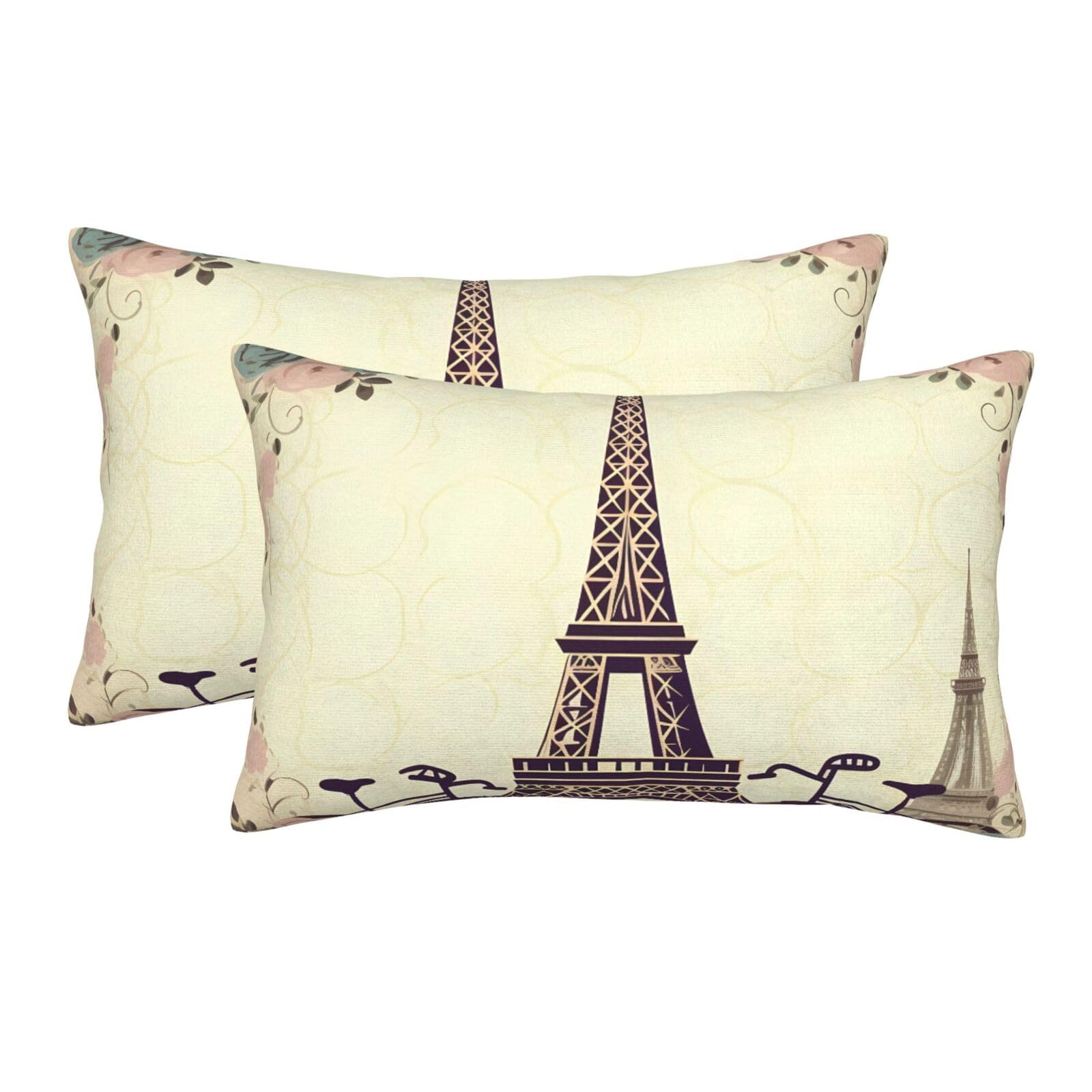 2 Pack Standard Size Pillow Cases for Hair and Skin Soft Breathable Pillow Case Covers with Hidden Zipper Eiffel Tower Bicycle Pillowcase 14"x20" Pillow Cover for Sleeping Gift