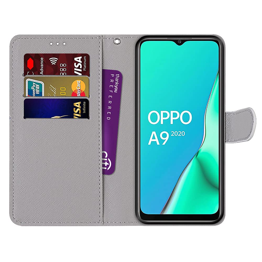 Cover Portafoglio In Pelle Per Oppo A9 (2020) Con Chiusura Magnetica, Fessure Per Carte, Supporto E Stilo – Stampa Gatto Farfalla