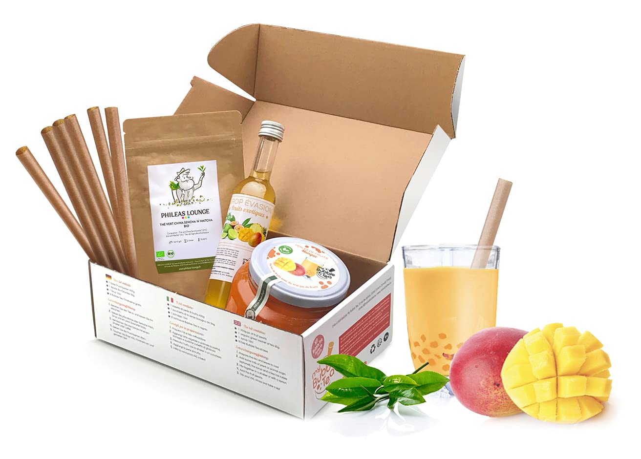 KIT BUBBLE TEA MANGUE - 8 Boissons - Sans colorant artificiel - Vegan et sans gluten - 8 pailles offertes
