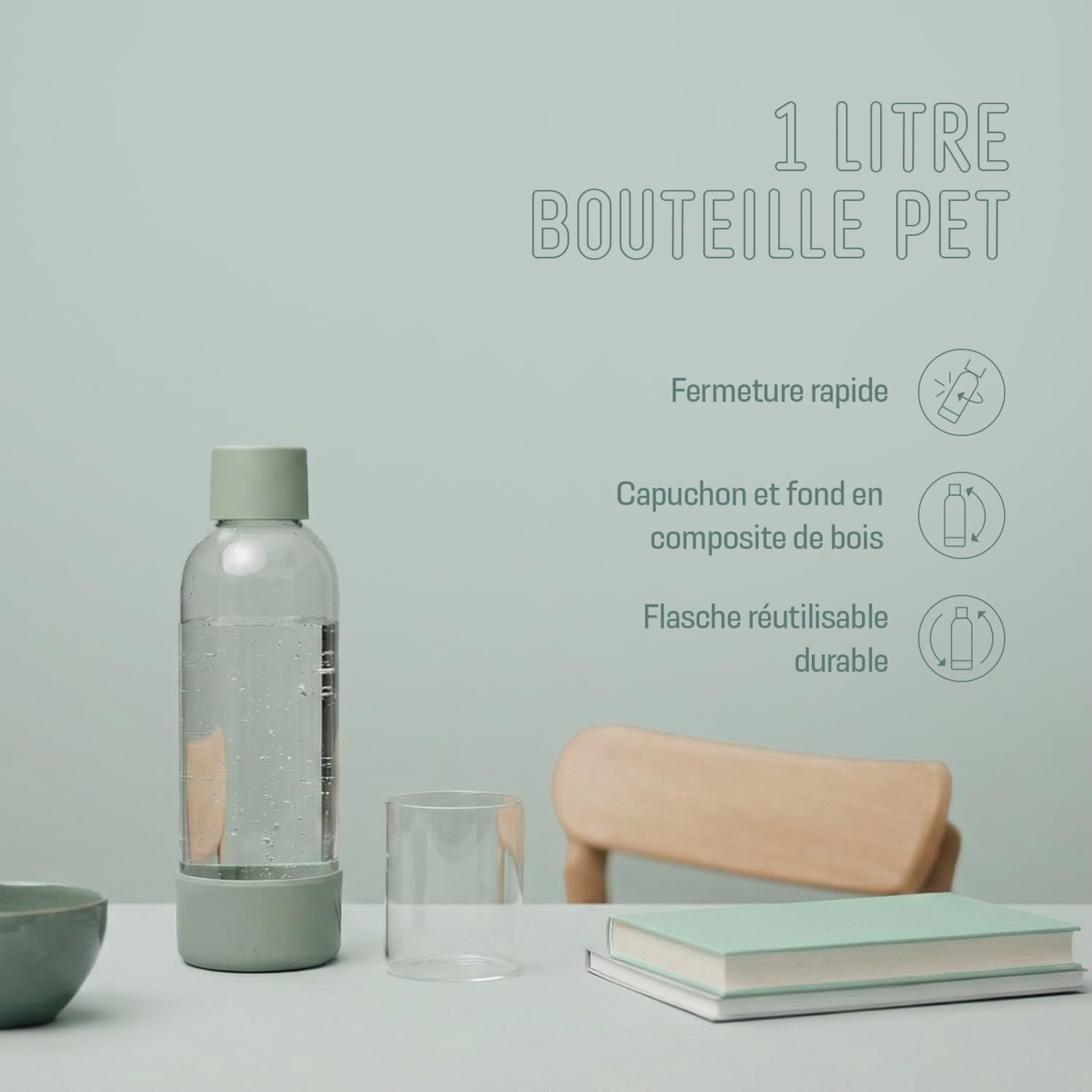 Mysoda Woody – Machine à eau pétillante en composite de bois, avec bouteille PET Quick-Lock sans BPA et cylindre CO2 – Vert sauge (Pigeon)