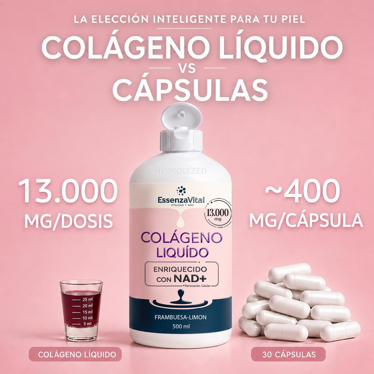 Colágeno Hidrolizado Líquido 13.000mg con NAD+ y Ácido Hialurónico para Mujeres - Bebible 13g por Dosis - Piel, Cabello y Uñas - Sabor Frambuesa-Limón - EssenzaVital Suplemento de Belleza 500ml (1Mes)