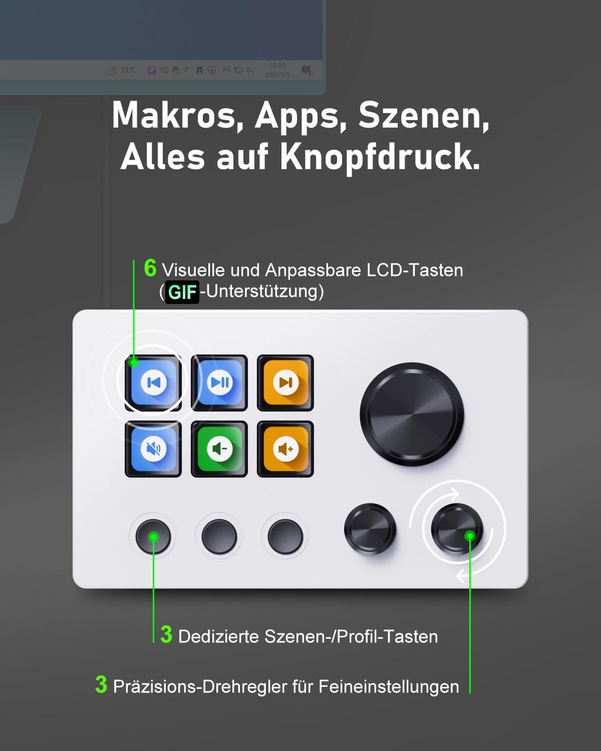 Basicolor N3 Stream Controller Deck con 6 tasti macro LCD, 3 pulsanti e 3 manopole - Tastiera programmabile per streaming (YouTube, OBS, Twitch), Creazione, Produttività (Office) e Gaming (Mac/PC)