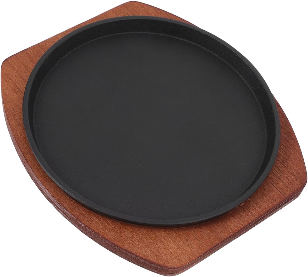 Yardwe Cast Iron Grill Pan - 8.26 Inch Non-Stick Fajita Plate Steak Plate Sizzling Pan with Wooden Base for Home, Restaurant, Kitchen