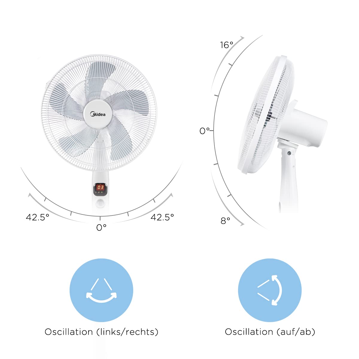 Midea FS40-16CR DC wentylator stojący, cichy, z pilotem zdalnego sterowania, 12 prędkości, timer 12 h, 4 tryby, wskaźnik LED, energooszczędny, 27 dB, regulacja wysokości, cyrkulacja powietrza, biały