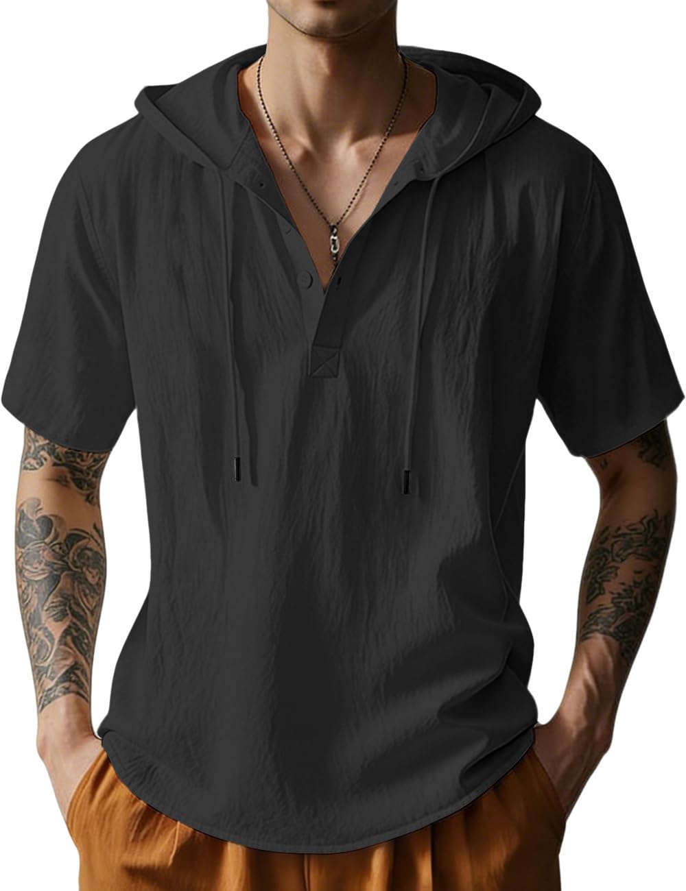 Photo 1 of LINENNMAIN Men's Cotton Linen Short Sleeve Button-Down Hoodie