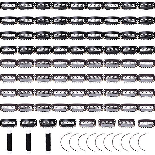 fani 80 Pcs U-shape Snap Clips 6-Teeth Black Metal Clip for Hair Extensions Clips with Soft Rubber,3.3cm/1.3inch (Black and Brown, Come with 3 Black Weaving Thread and 10pcs Needles)