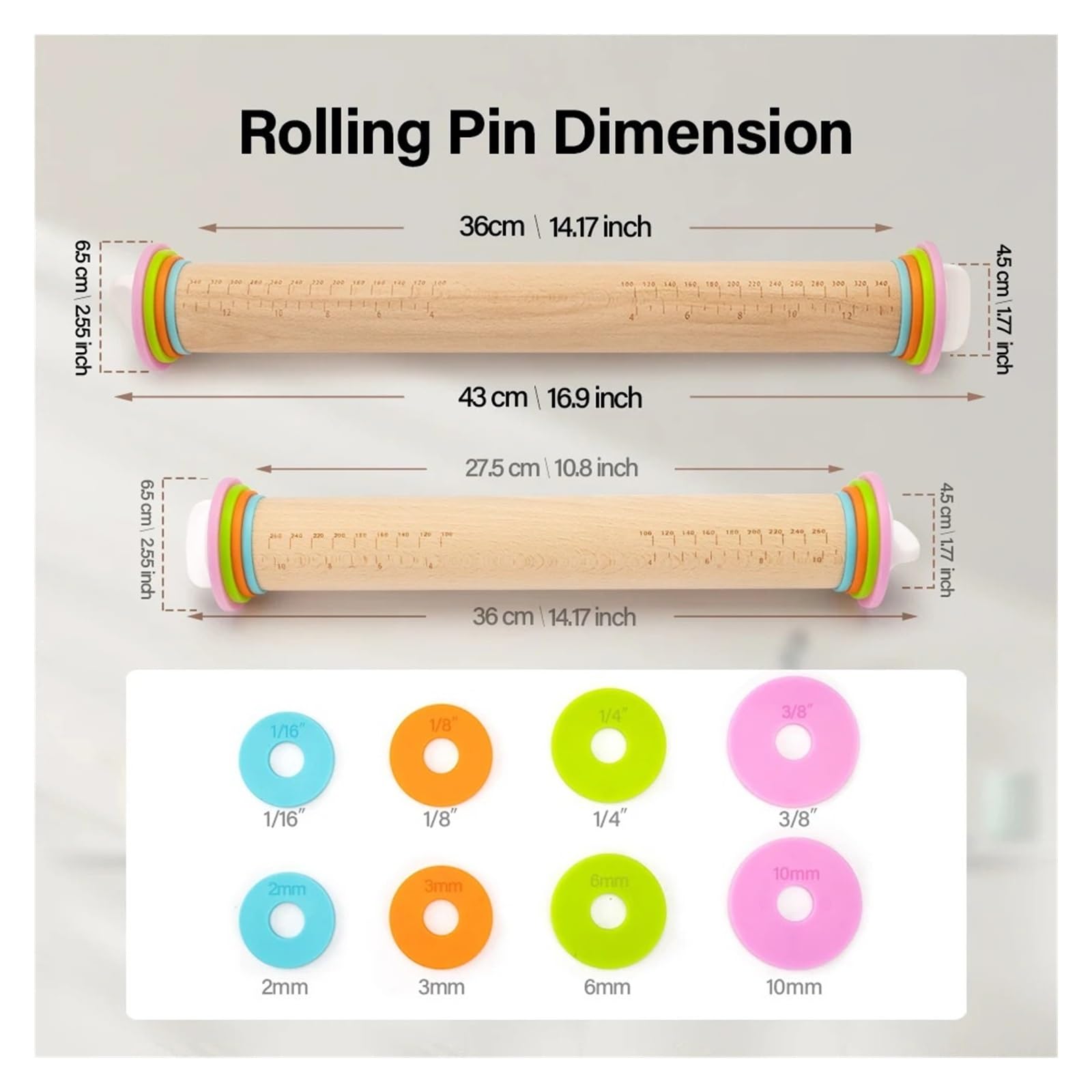 Rodillo de madera ajustable con anillos espesor for hornear pasteles Pizza juego herramienta for(17 inch)