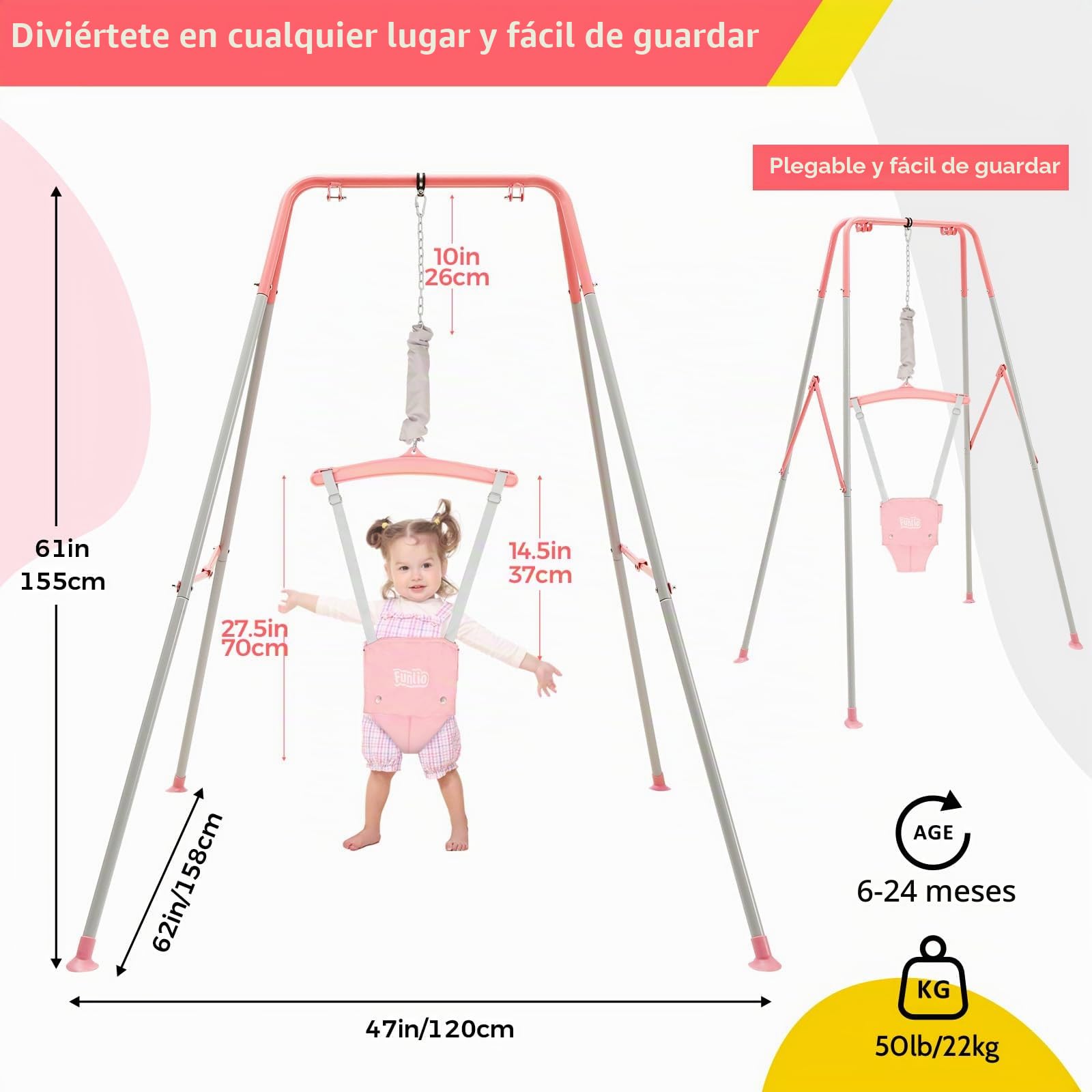 FUNLIO Saltador de puerta con soporte para bebé （6-24 meses) juego de ejercicio de columpio para jugar en interiores/exteriores para bebé niña/niño, con cadena ajustable, fácil de montar - Rosa