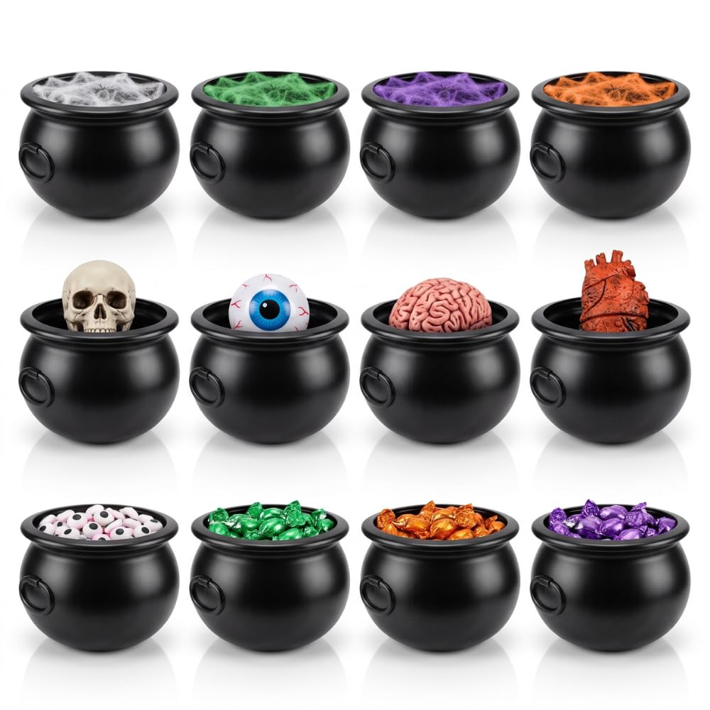 PMU 12 Pcs Halloween Cauldron 12" Witch Plastic Cauldron bowl Black, For Halloween Décor
