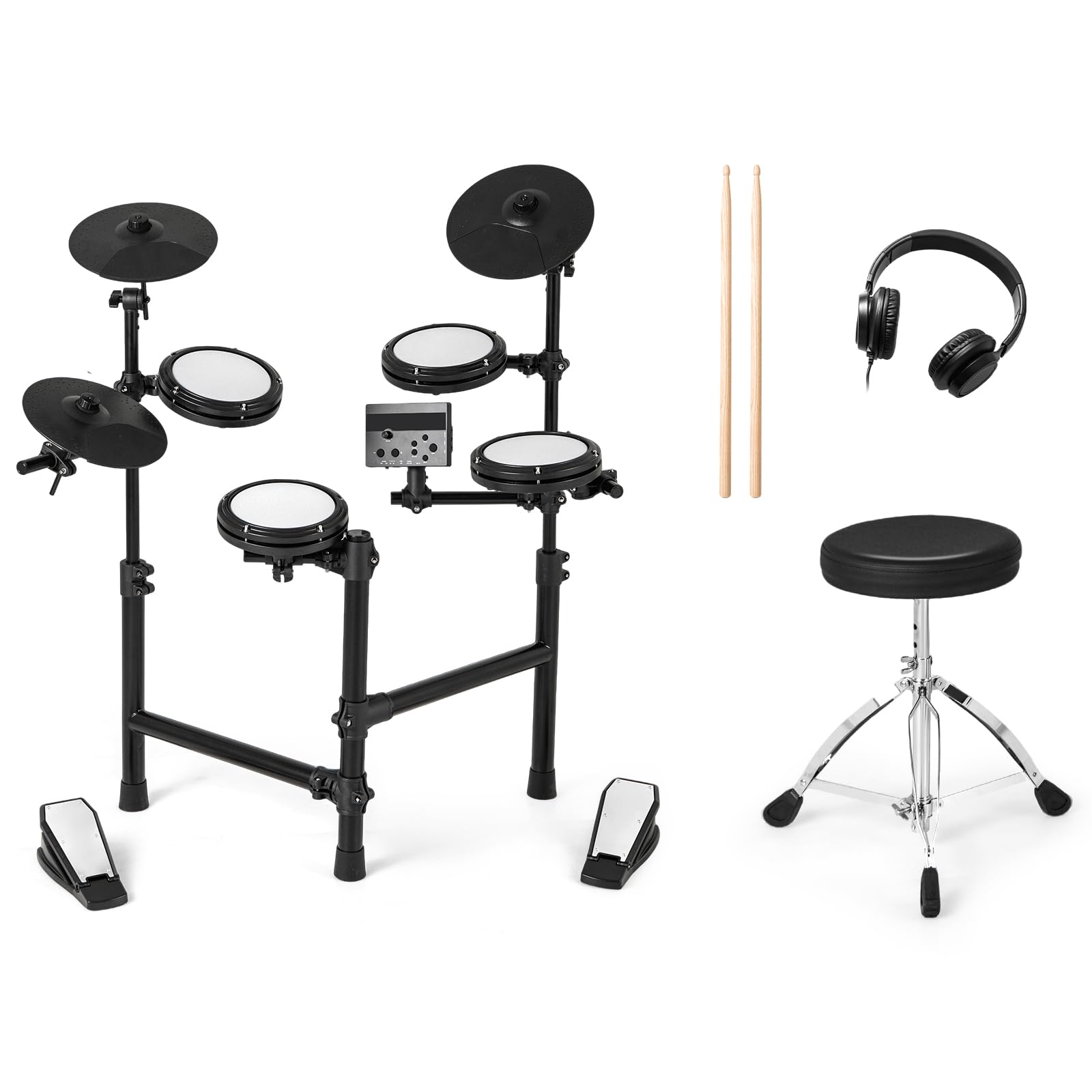 KOMFOTTEU Batería Electrónica con Pads, Batería Musical con 150 Sonidos, 10 Demostraciones, Platos de 24 cm, Instrumento Musical con Taburete Ajustable, Pedales, Baquetas y Auricular, USB MIDI