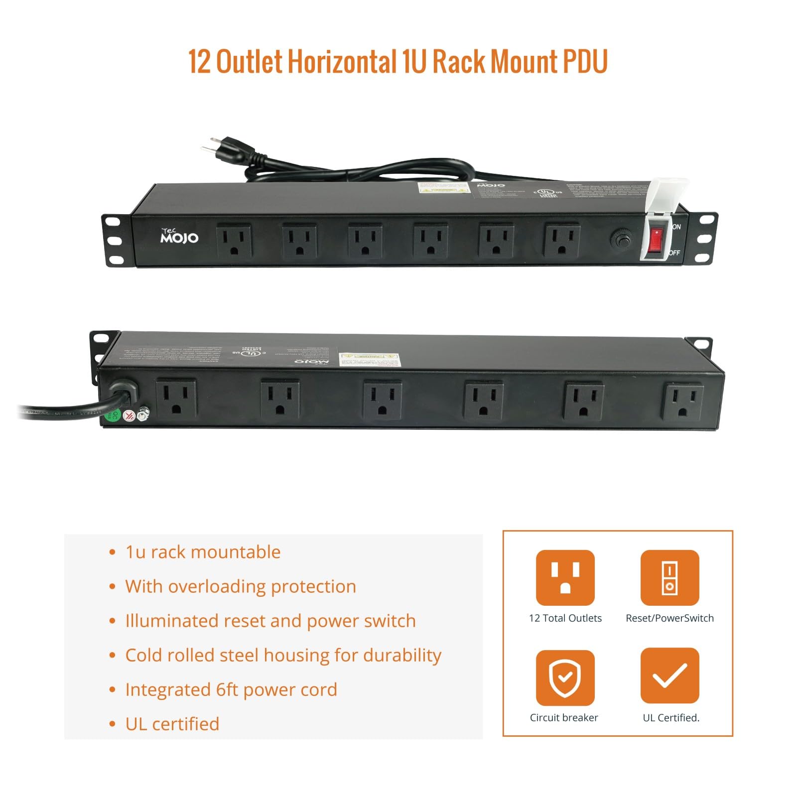Tecmojo - Fuente de alimentación PDU de calidad de red 1U, 12 enchufes en ángulo recto de gran espacio, disyuntor de 12 A (certificado UL 12 A), cable de 1,8 m con enchufe 5-15P