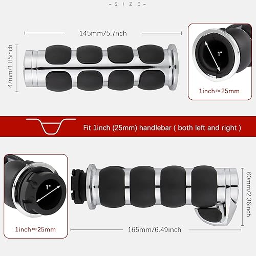 Miniatura 6 de Empuñaduras de mano para motocicleta de 1 pulgada para manillar de acelerador, 0.984 in, goma de aluminio cromada, negra, compatible con Harley