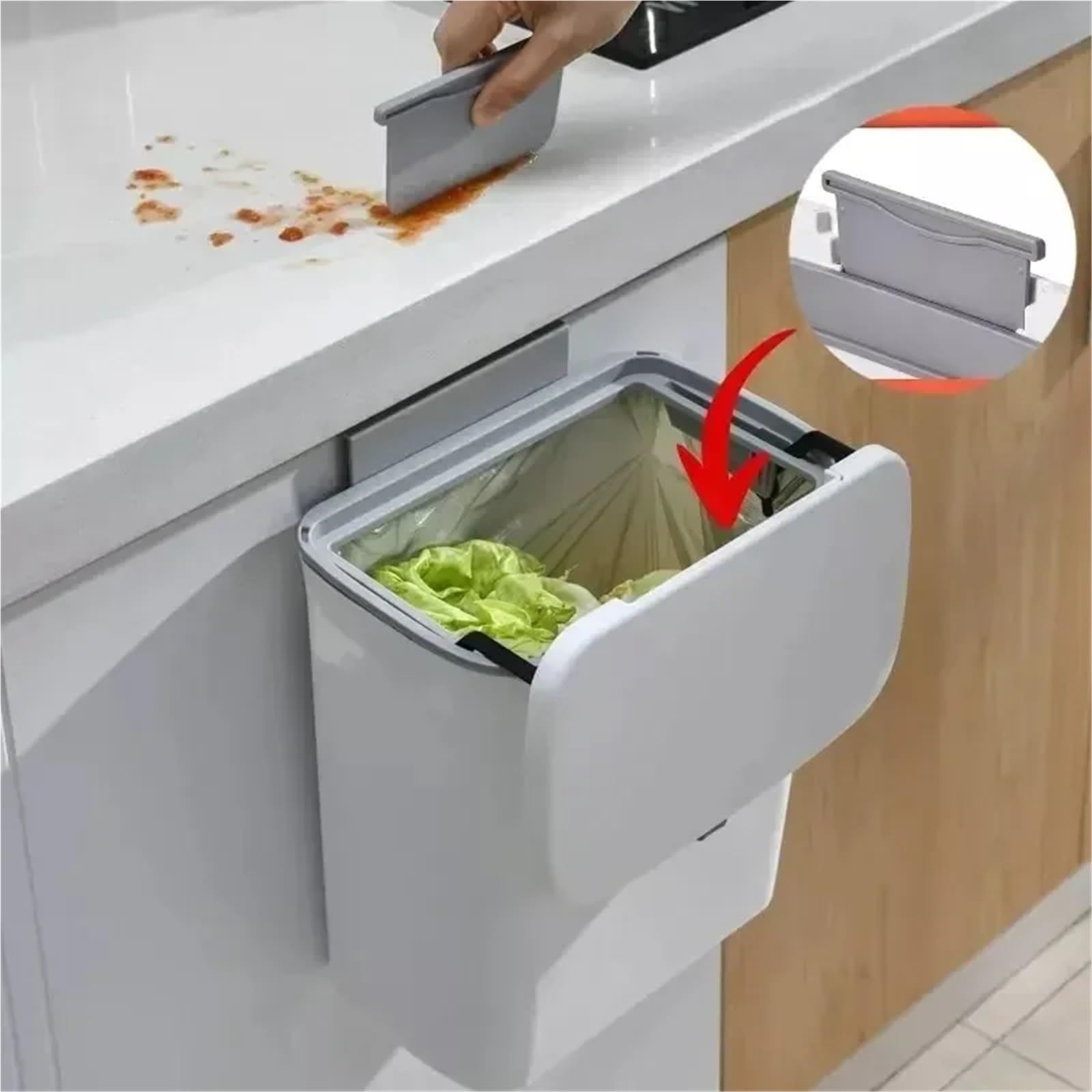 Cestino A Parete Secchio for rifiuti da cucina montato a parete for uso domestico, grande capacità con coperchio, secchio sanitario, coperchio elastico, secchio sigillato Per La Cucina(9L,White)