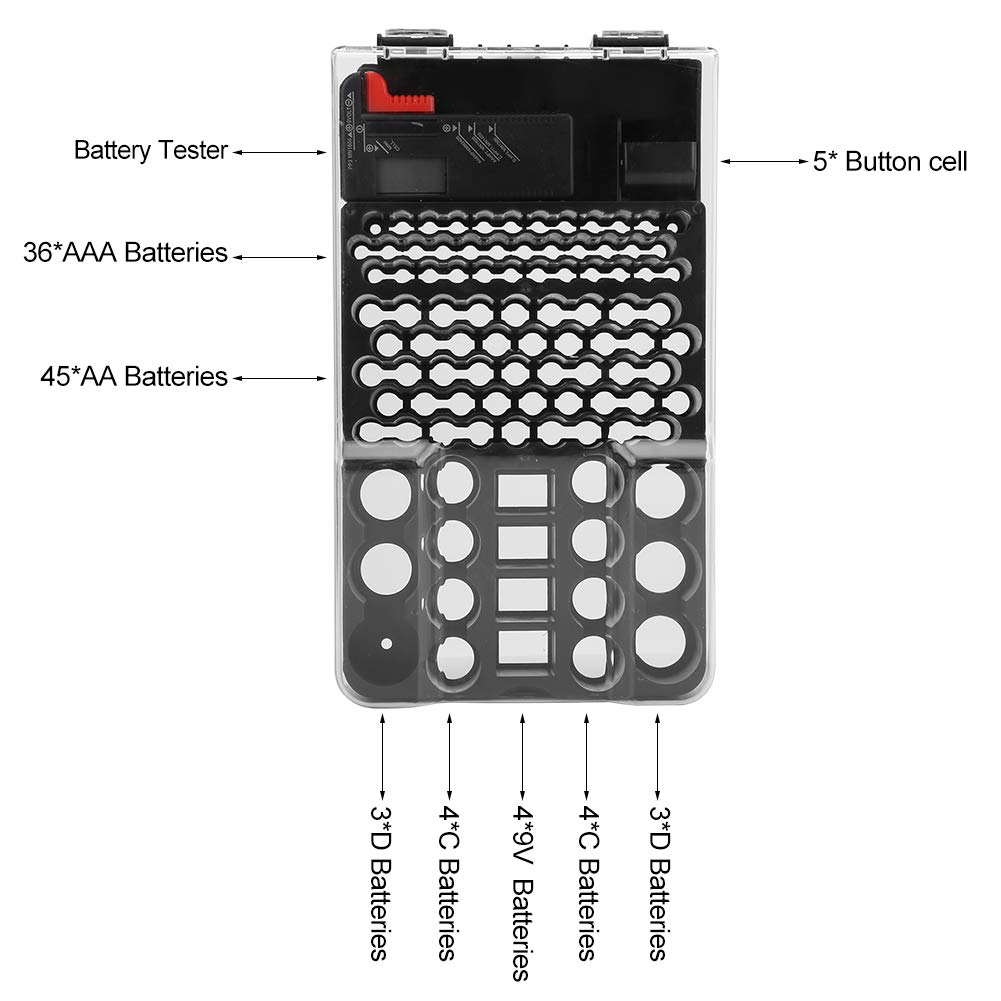 Large Battery Organizer Storage Case With Tester – Holds 36 AAA, 45 AA, 6 D, 8 C, 4 9V & 5 Button Cells