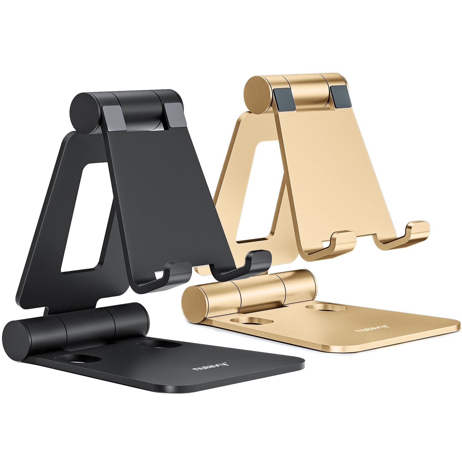 NULAXY Dual Folding Phone Stand for Desk 2 Pack, Fully Adjustable Mobile Phone Holder Desktop Compatible with iPhone 14 13 12 11 Xs Xr X 8, HUAWEI, Samsung, All Smartphones, Black & Gold