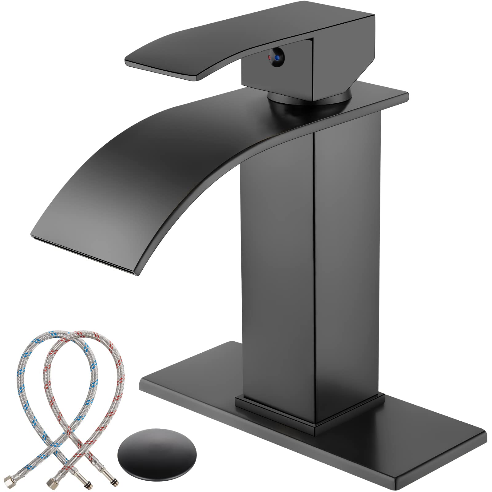 Midanya Matte Black Bathroom Sink Faucet Waterfall Spout Single Handle 1 Hole Deck Mount Mixer Tap Lavatory Vanity Sink Faucet Commercial with Deck Plate and Pop Up Drain