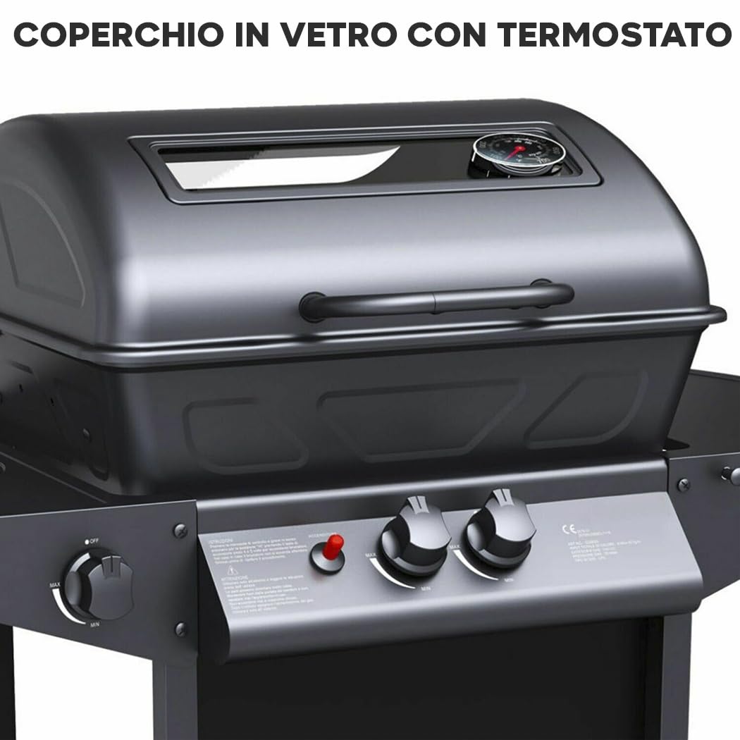 Mediawave Store - Barbecue a Gas in Pietra Lavica SG G2083G Fornello e Griglia Cromata 2,9 Kw, Barbecue per Casa e Giardino, Barbecue Grill BBQ con Rotelle