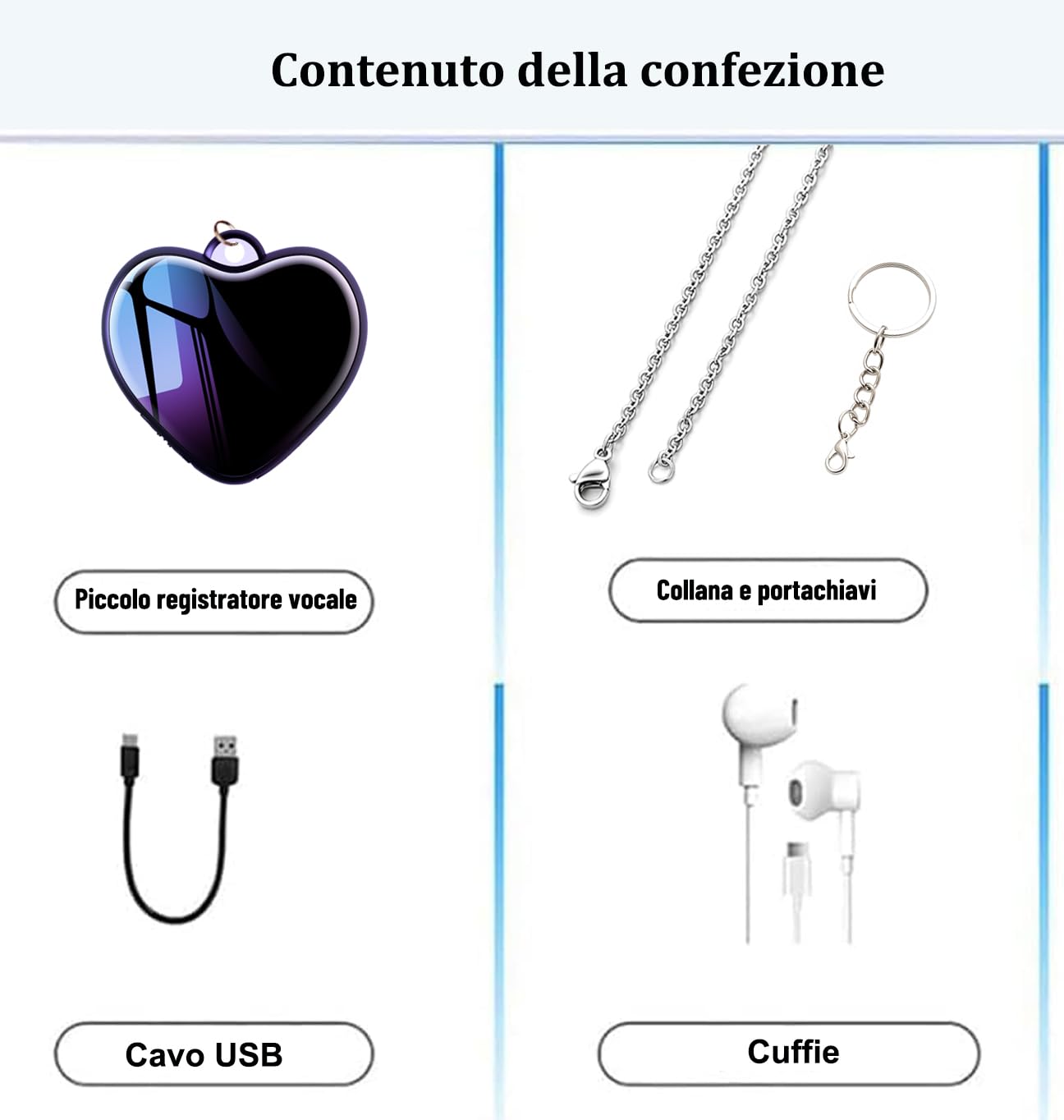 16G Registratori Vocali Digitali con Auricolare Mini Registratore di Audio Piccolo Registratore Vocale Attivazione Collana Portachiavi Pendente Lega di Zinco
