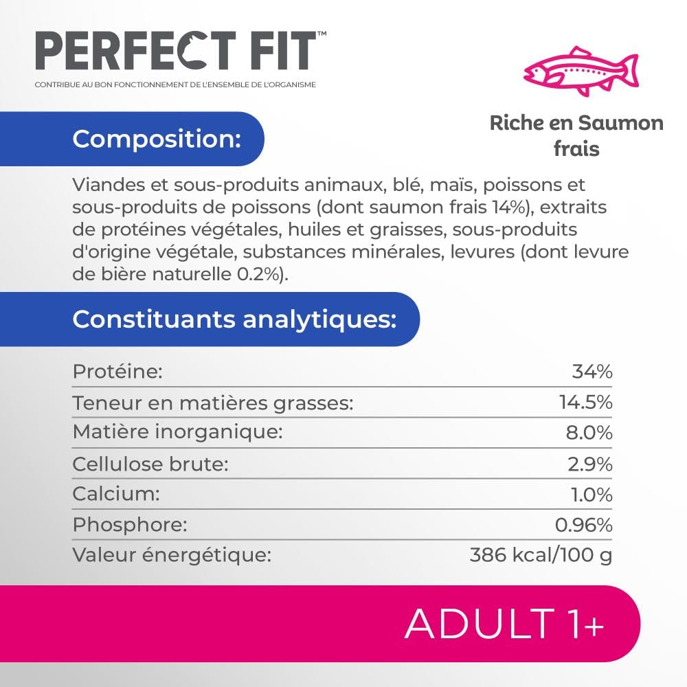 PERFECT FIT Adulte 1+ Croquettes pour chat adulte – Répond à des besoins spécifiques d'un chat stérilisé – Nourriture Riche en Saumon – 1,4 kg (Lot de 5)