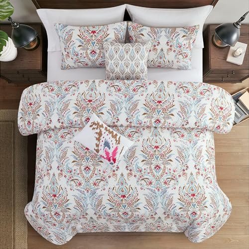 Image of Modern Threads 5-Piece Printed Comforter Set Marcel - Blue, Red & Olive Paisley Floral Bedding with Decorative Pillows & Shams, Soft All Season Bed Set, King