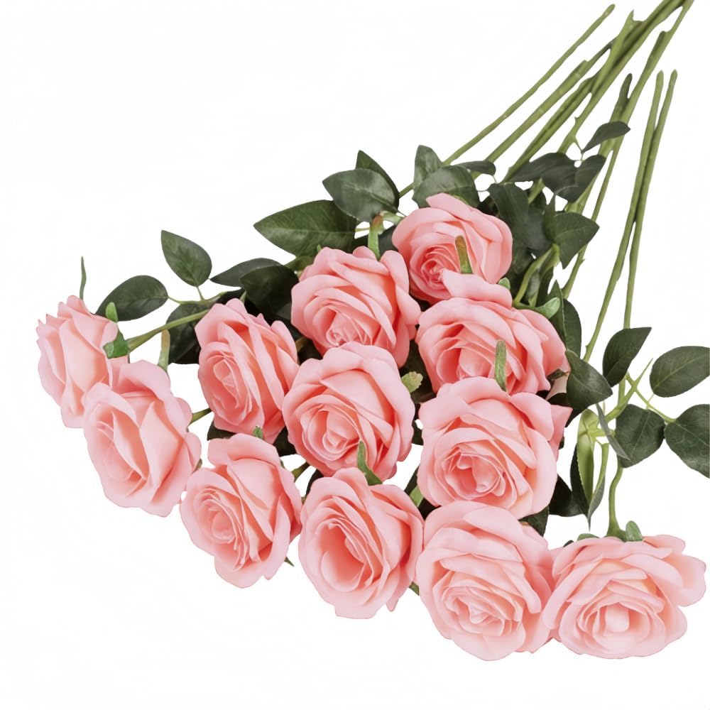 Waibejon 12 Pcs Artificial Coral Pink Roses with Stems, Coral Pink Fake Roses Artificials Flowers, Fake Artificial Pinks Rose Silk Flowers, for Home Garden Party Hotel Wedding DIY โ image 1
