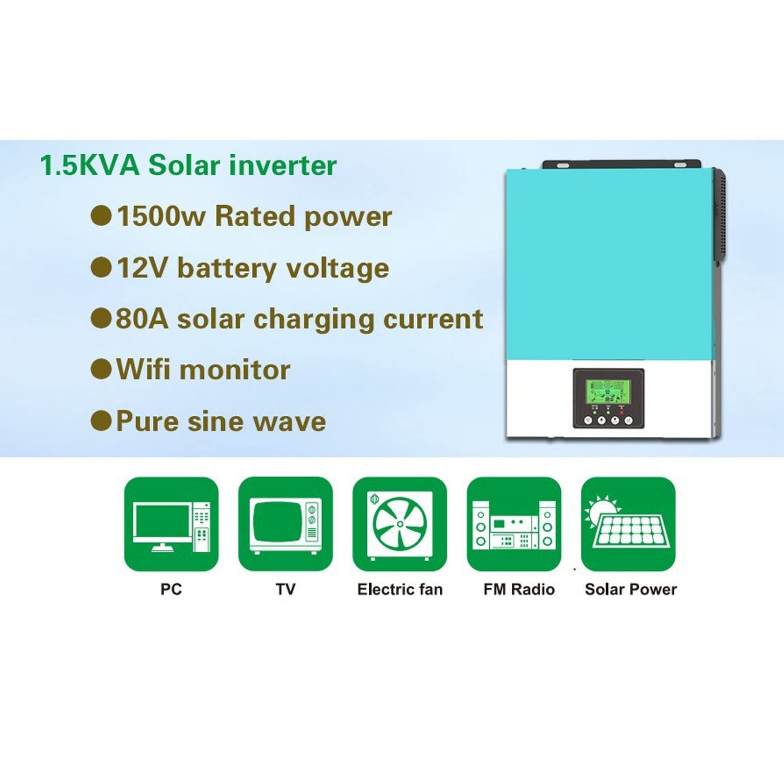 Fafeicy Onduleur Solaire Hors Réseau 1500W, Pure Sinusoïde, Charge MPPT,