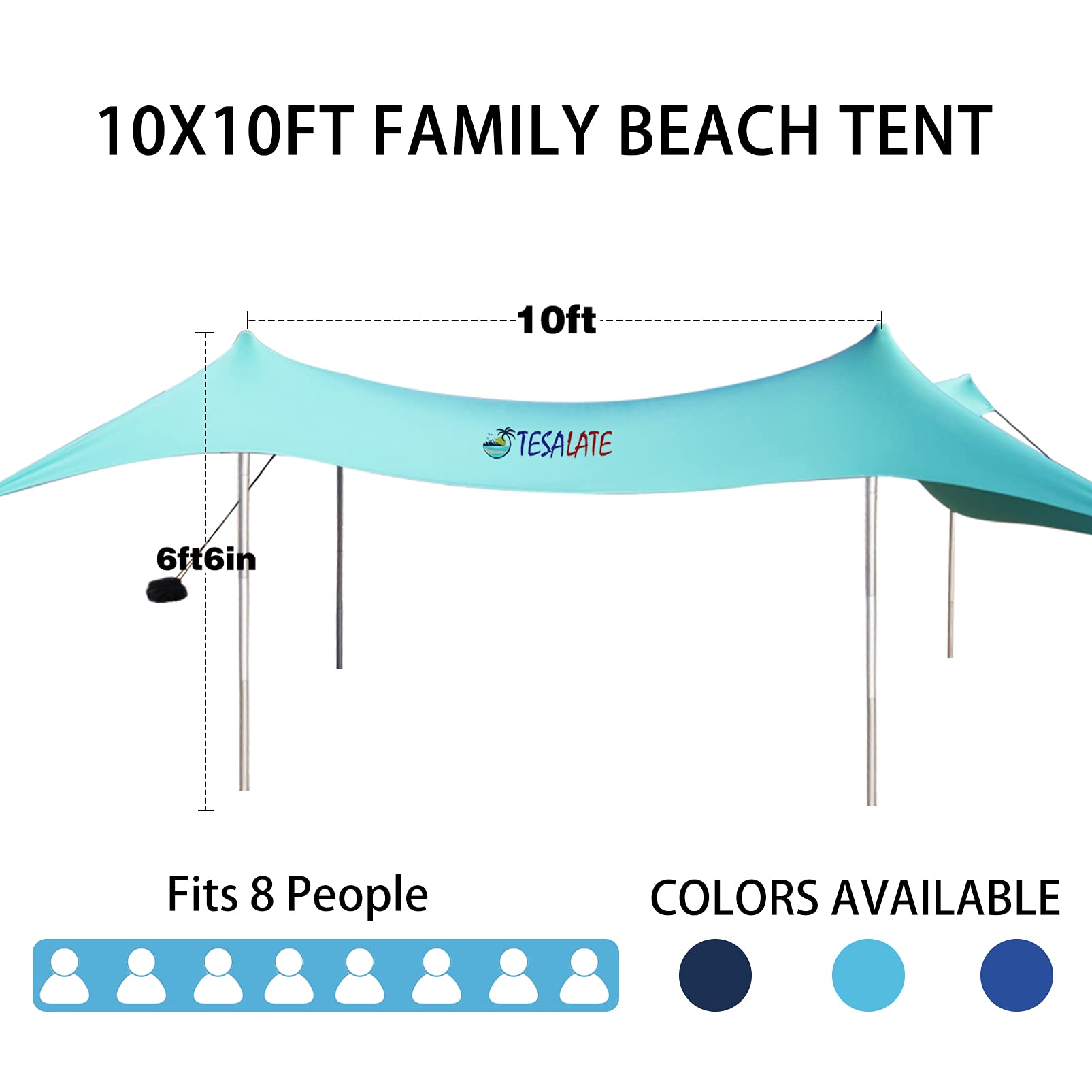 TESALATE 10×10 ft Family Pop Up Beach Shade Canopy Tent Sun Shelter,Waterproof,UPF50 UV Protection,Tent with 4 Aluminum Poles,4 Pole Anchors,4 Sandbag Anchors,Large & Portable Shelter Tarp, Turquoise