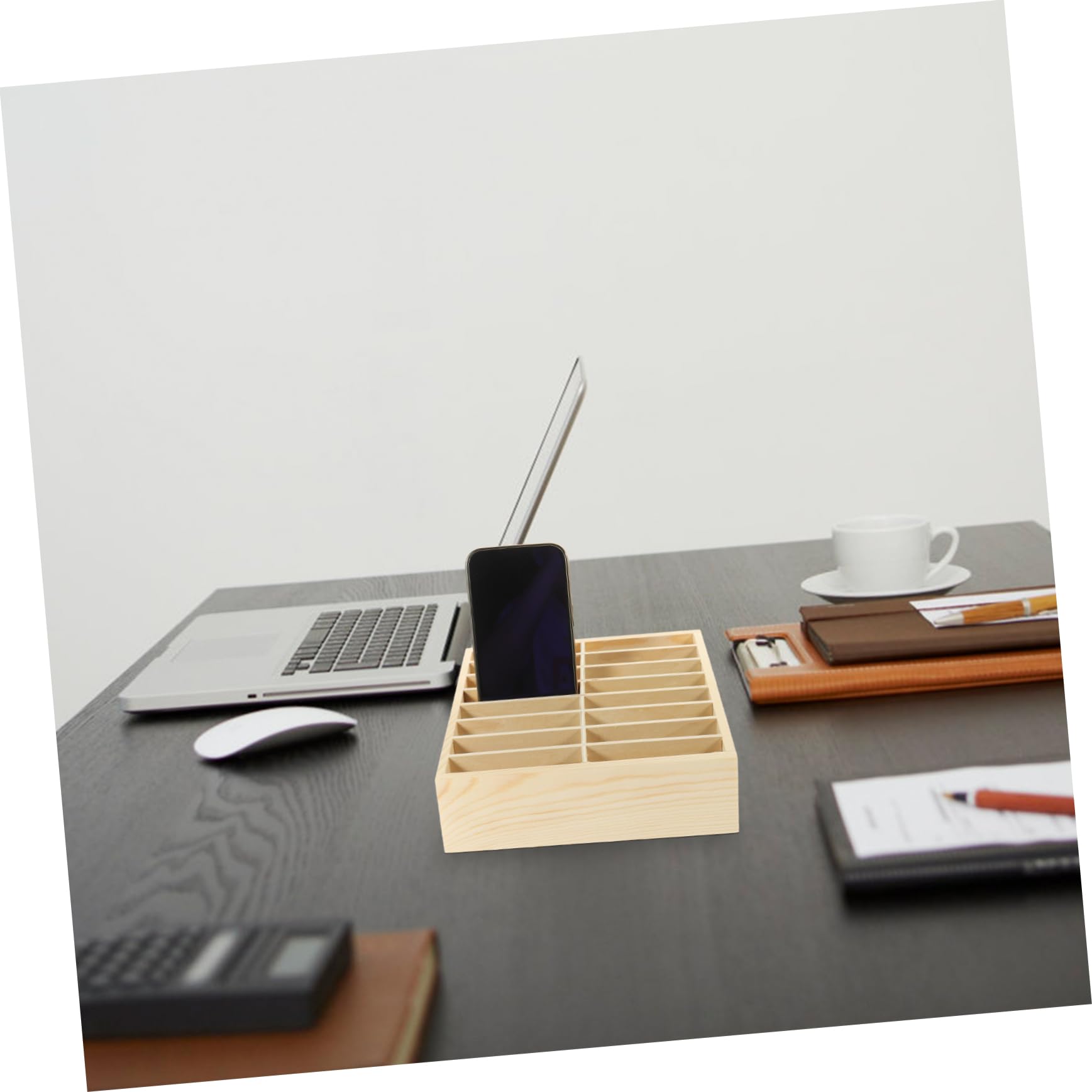 Scatola Porta Cellulari in Legno Beige per Scrivania, Organizer | Scomparti Multipli, per Penne e Telefono, Adatta a Scuola e Istituti Educativi, Design Semplice e Moderno