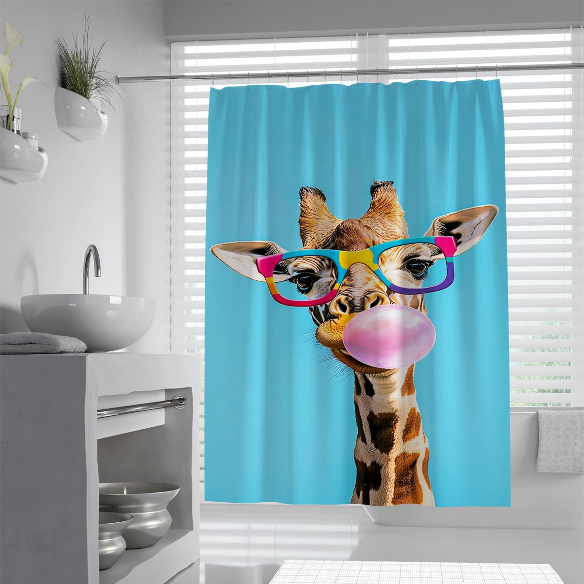 UIRINGART Giraffe Shower Curtains W90xL180cm Funny Animal Wearing Glasses Blowing Bubble Gum Light Blue Background Waterproof Mould Resistant Washable Fabric Bath Curtain for Kids Bathroom with Hooks