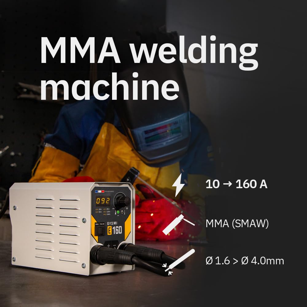 GYS, GYSMI E160, Poste à Souder à l'Électrode Enrobée 160A Monophasé 230V (MMA), TIG DC Lift, Digital, Arc Force, Antisticking, Hot Start, Avec Valise, Porte-électrode, Câble de Masse