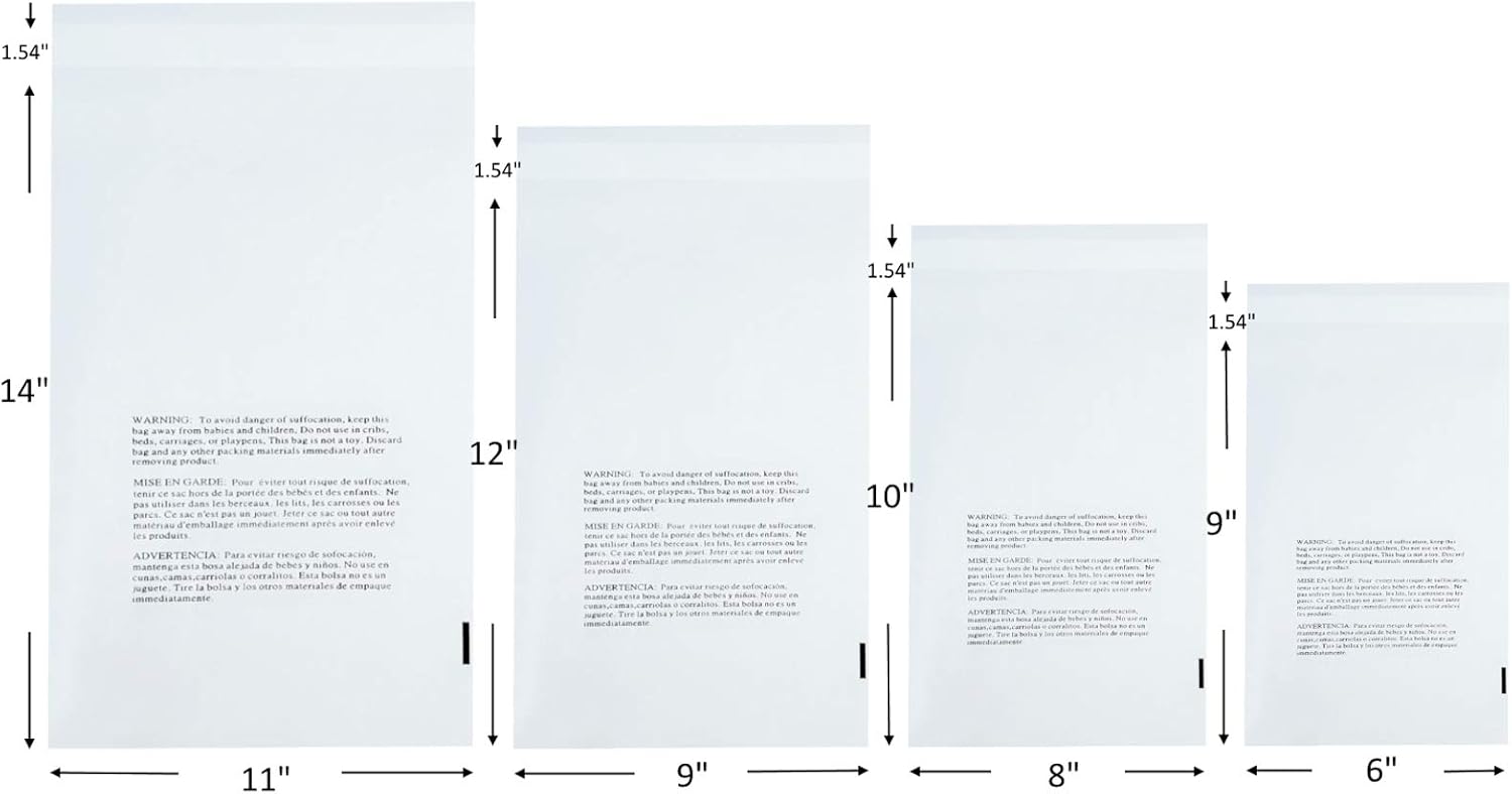 Wowfit 400 CT Combo Pack- 6x9,8x10,9x12,11x14 inches Self Sealing Clear Poly Bags with Suffocation Warning, Strong Adhesive, Not Resealable, 400 Count, FBA compliant