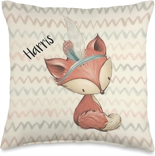 Harris Name Cute Fox Personalized Newborn Infant Baby Throw Pillow, 16x16, Multicolor